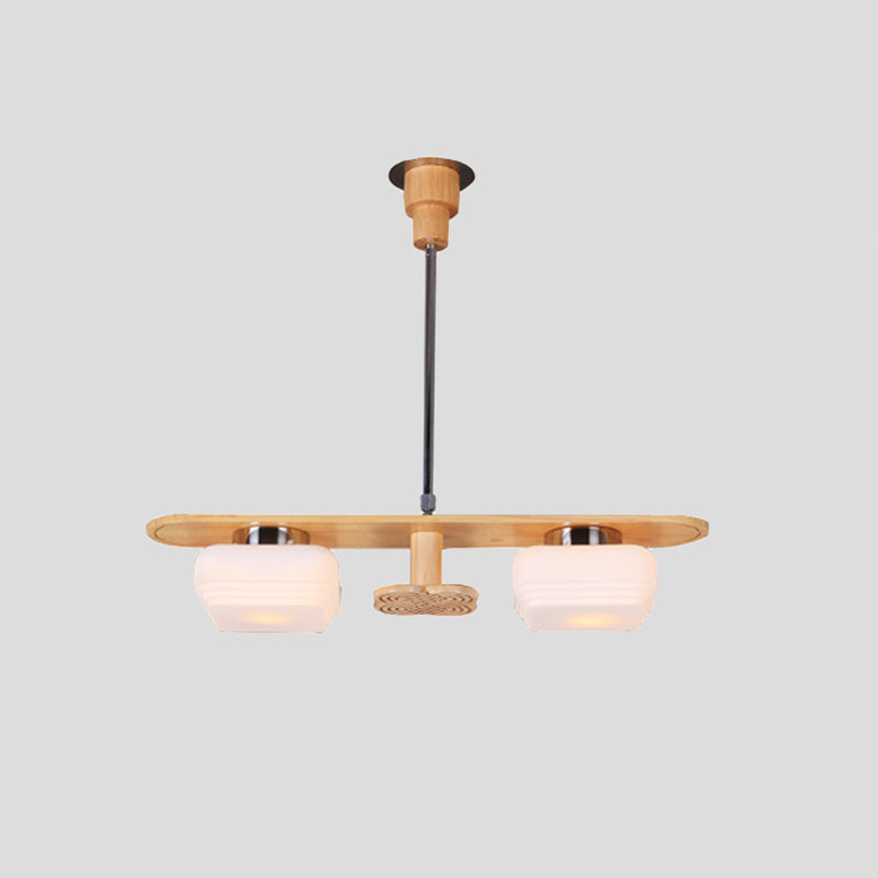 Lustre suspendu moderne en bois avec 2 abat-jours carrés en verre crème pour plafond de salle à manger