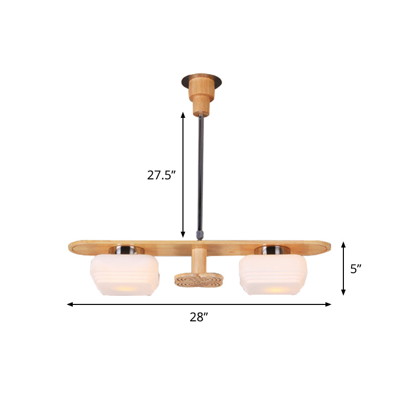 Lustre suspendu moderne en bois avec 2 abat-jours carrés en verre crème pour plafond de salle à manger