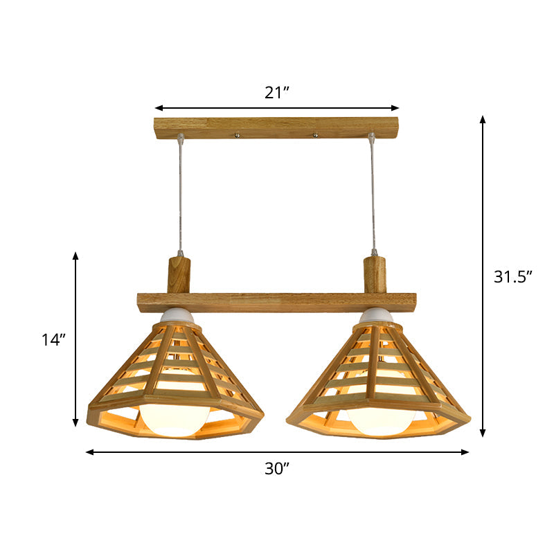 Modernist Beige Polygon Cage Pendant Lamp with Wood Shade - 2 Bulb Hanging Light