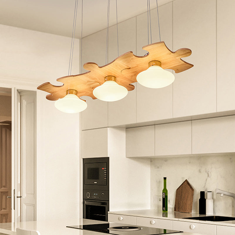 Modern Multi-Light Pendant Lamp With Glass Jellyfish Design And Wood Beam