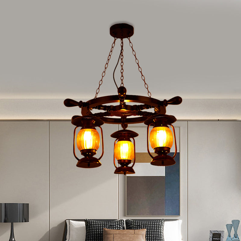 Alioth - Lustre à pétrole finition cuivre vieilli - Lampe à suspension en verre jaune