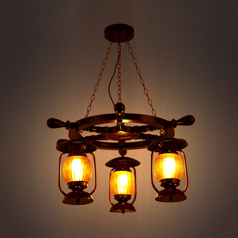 Alioth - Lustre à pétrole finition cuivre vieilli - Lampe à suspension en verre jaune