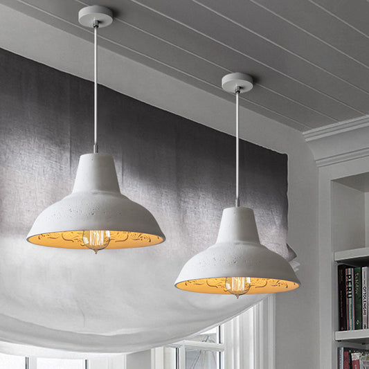 Luminaire suspendu vintage en ciment - Plafonnier de restaurant à 1 lampe en blanc/gris avec intérieur sculpté