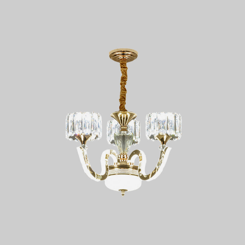 Modern Gold Drum Chandelier with Crystal Blocks - 3/5 Lights, LED, for Living Room