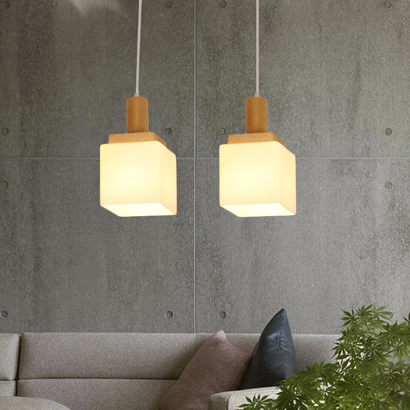 Modern Wood Cube Hanging Pendant Light with Opal Glass - 2/3 Heads, Linear Canopy