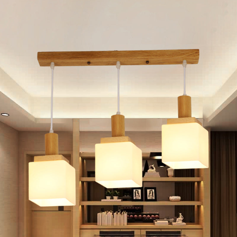 Modern Wood Cube Hanging Pendant Light with Opal Glass - 2/3 Heads, Linear Canopy