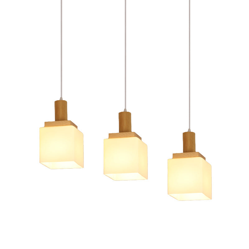 Modern Wood Cube Hanging Pendant Light with Opal Glass - 2/3 Heads, Linear Canopy