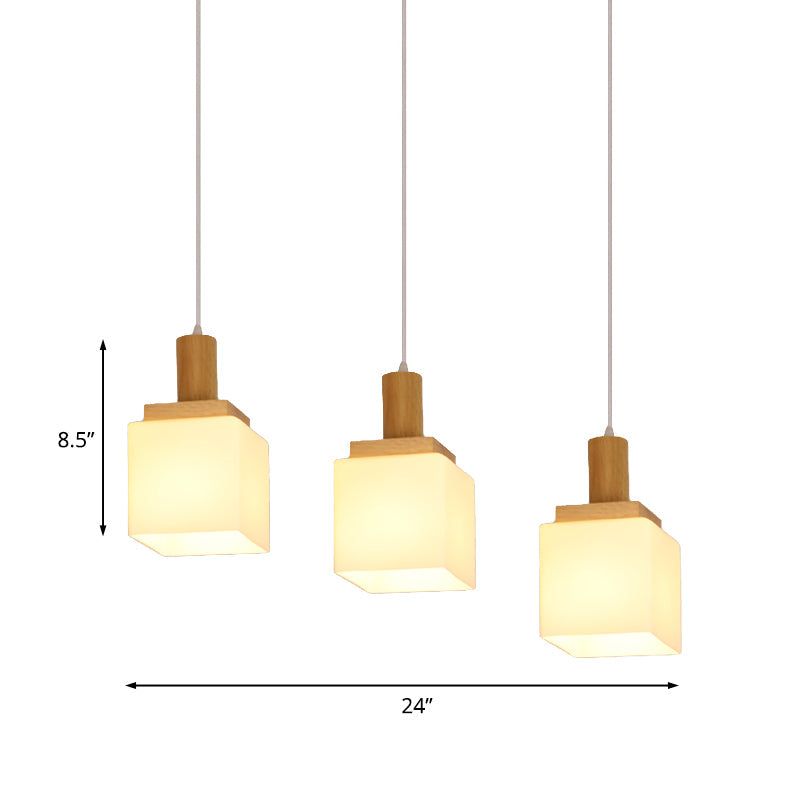 Modern Wood Cube Hanging Pendant Light with Opal Glass - 2/3 Heads, Linear Canopy