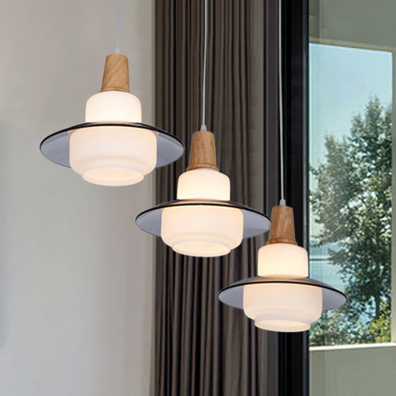 Modern White Glass Gourd Multi Pendant Ceiling Light With Wood Hanging Lamp Fixture - 3-Light