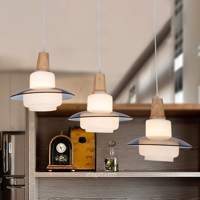 Modern White Glass Gourd Multi Pendant Ceiling Light With Wood Hanging Lamp Fixture - 3-Light