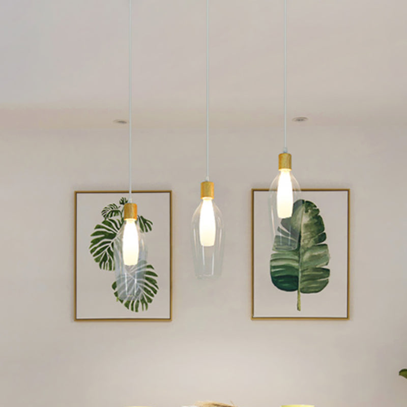 Modern Clear Glass Tulip Pendant Chandelier with Wood Detail- 3-Bulb Hanging Ceiling Lamp