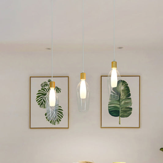 Modern Clear Glass Tulip Pendant Chandelier with Wood Detail- 3-Bulb Hanging Ceiling Lamp