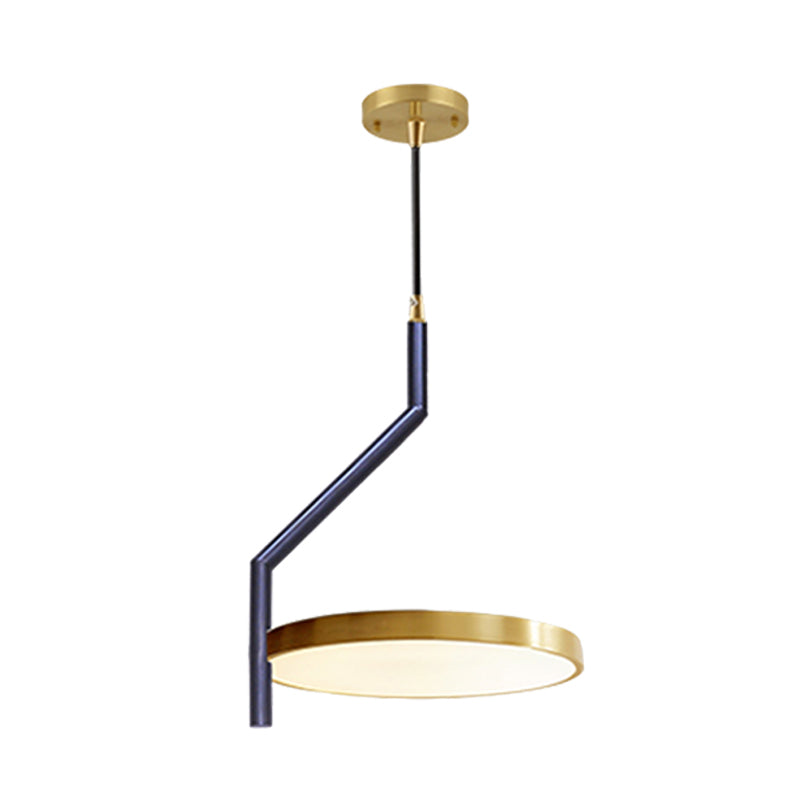 Plafonnier suspendu circulaire moderne noir et doré avec LED, tige incurvée - Parfait pour le salon