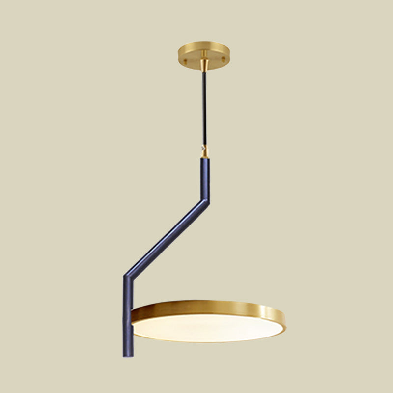 Plafonnier suspendu circulaire moderne noir et doré avec LED, tige incurvée - Parfait pour le salon