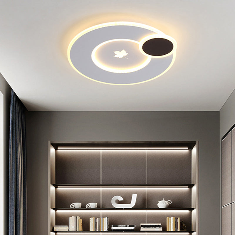 Modern Round LED Ceiling Light with Maple Leaf Pattern - 16"/19.5" Wide White Flushmount for Bedrooms