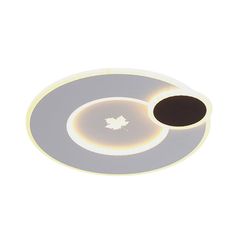 Modern Round LED Ceiling Light with Maple Leaf Pattern - 16"/19.5" Wide White Flushmount for Bedrooms