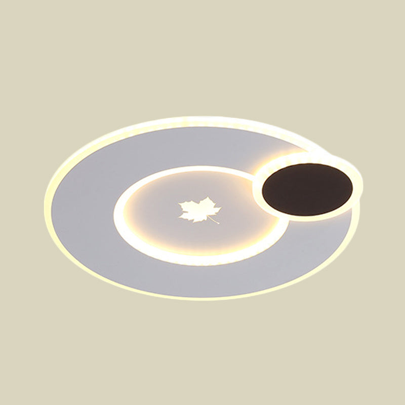 Modern Round LED Ceiling Light with Maple Leaf Pattern - 16"/19.5" Wide White Flushmount for Bedrooms