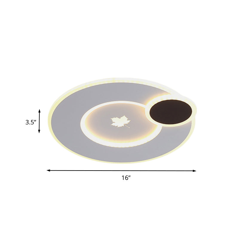 Modern Round Led Ceiling Light With Maple Leaf Pattern - 16/19.5 Wide White Flushmount For Bedrooms