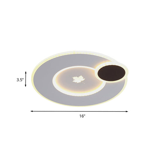 Modern Round Led Ceiling Light With Maple Leaf Pattern - 16/19.5 Wide White Flushmount For Bedrooms