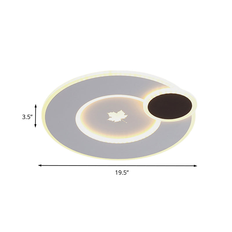 Modern Round LED Ceiling Light with Maple Leaf Pattern - 16"/19.5" Wide White Flushmount for Bedrooms