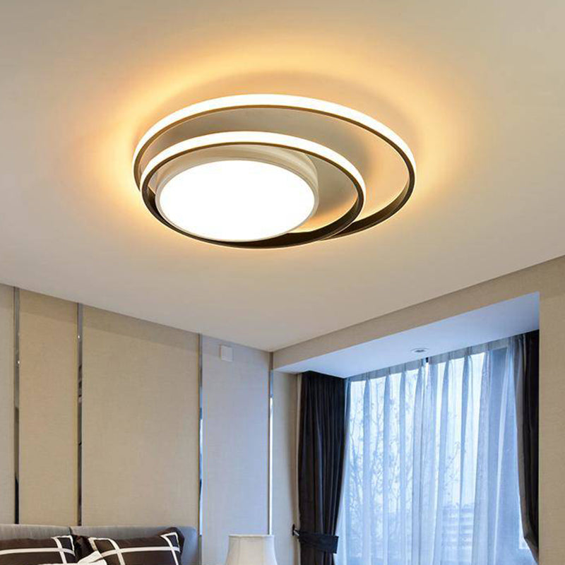 LED Bedroom Flush Mount Fixture with Dual Rings Acrylic Shade in Warm/White Light, 16"/19.5" Wide - Simplicity White/Black Ceiling Mounted Light
