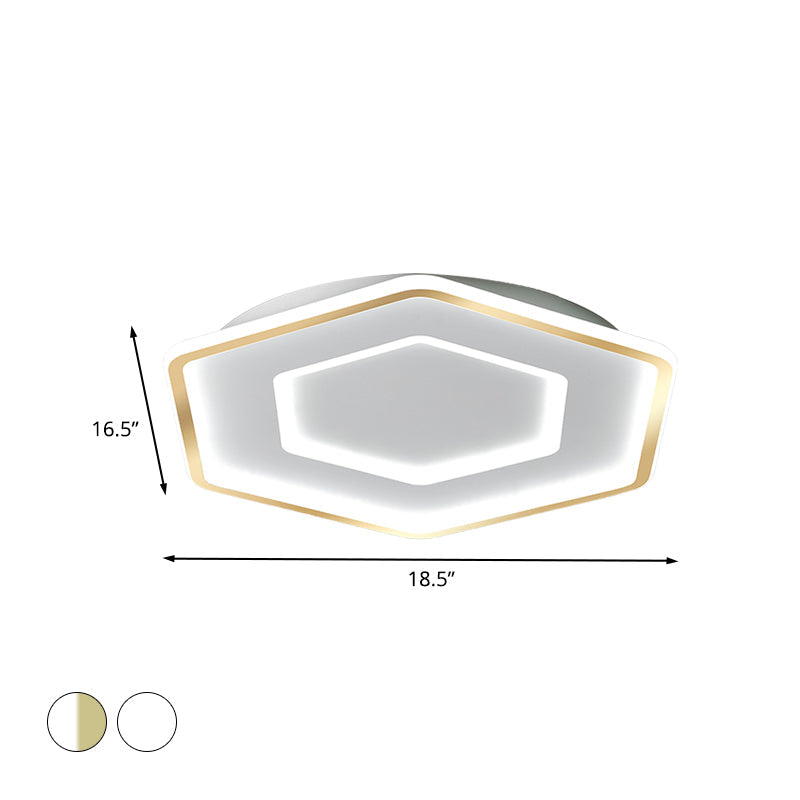 Modernist Hexagon Flush Pendant Ceiling Light in White/Gold, Acrylic LED, 16.5"/20.5" Wide
