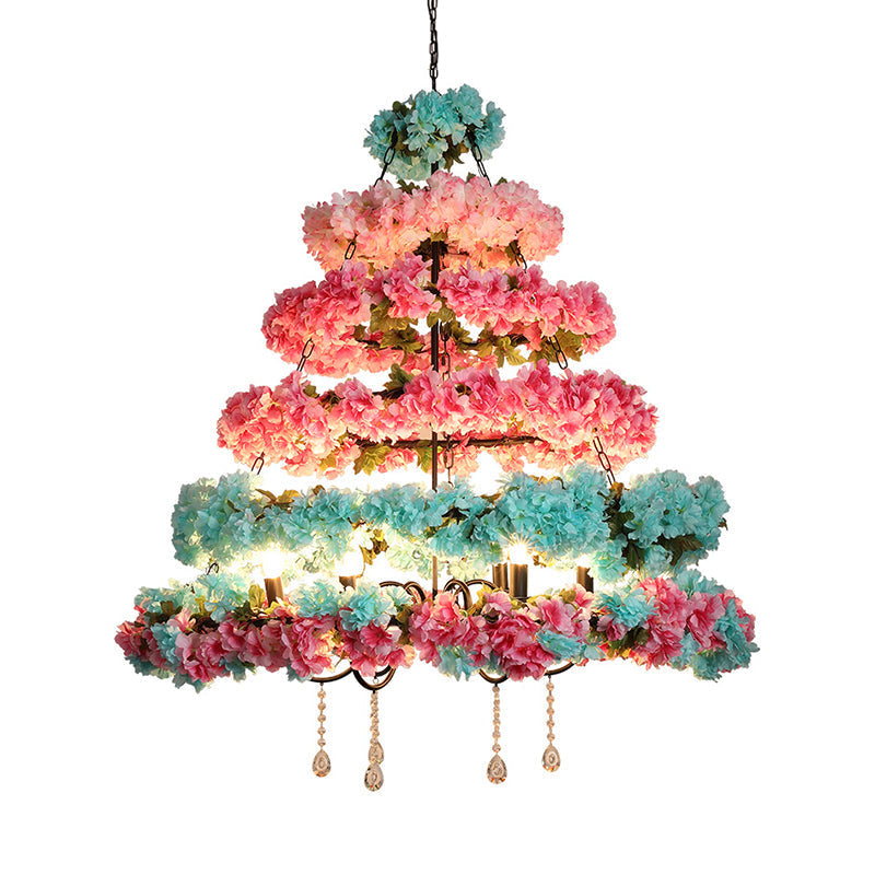 Zoe - Pink Pink and Blue 6 Bulbs Chandelier Loft Iron Multi Circle Cage Flower Suspension Lighting with Crystal Accent