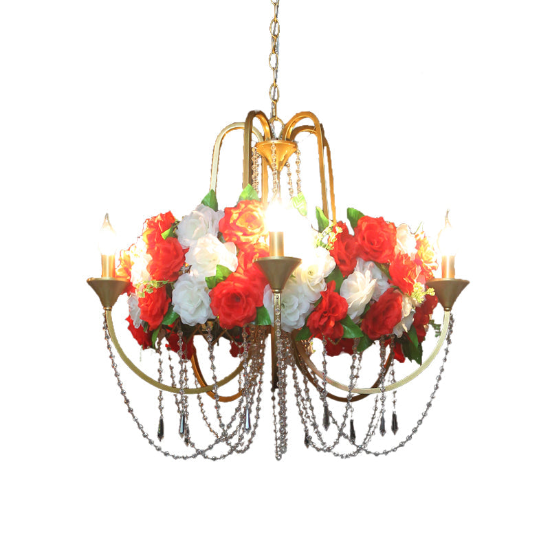 Rose - Antique 5 Heads Iron Chandelier Lighting Antique Gold Candlestick Restaurant Flower Ceiling Lamp with Crystal Strand