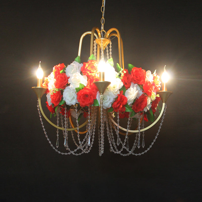 Rose - Antique 5 Heads Iron Chandelier Lighting Antique Gold Candlestick Restaurant Flower Ceiling Lamp with Crystal Strand