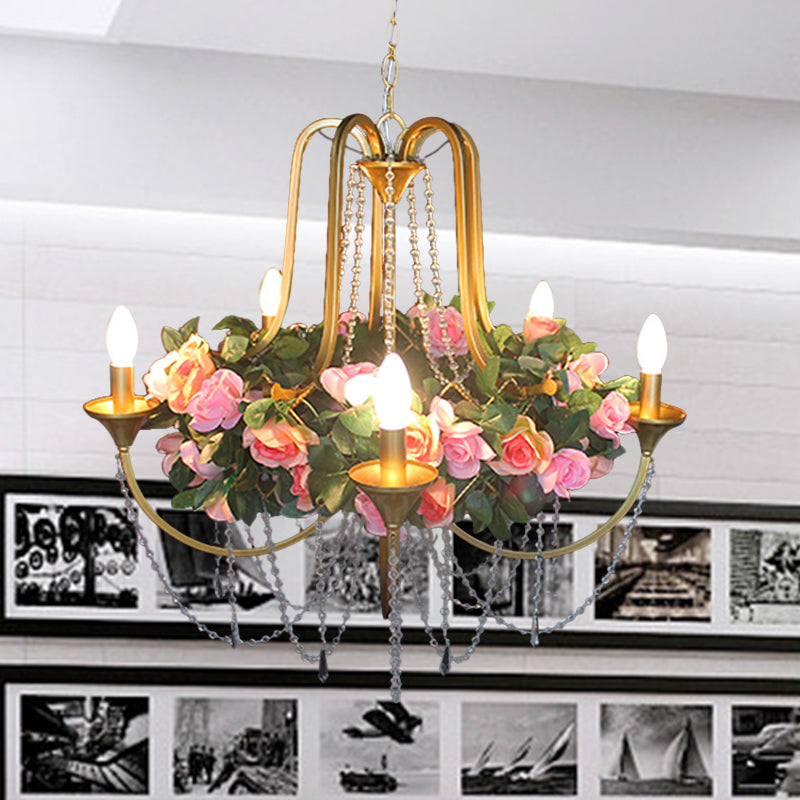 Rose - Antique 5 Heads Iron Chandelier Lighting Antique Gold Candlestick Restaurant Flower Ceiling Lamp with Crystal Strand