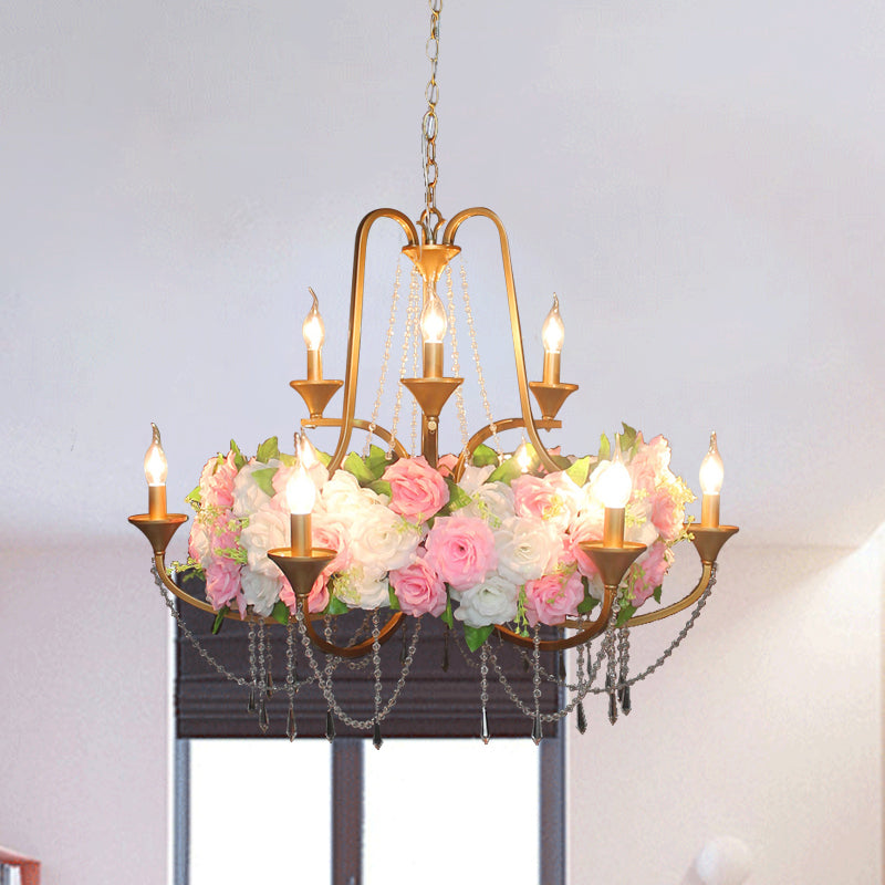 Katherine - Antique 9 Lights Pendant Chandelier Antique Candelabra Iron Flower Ceiling Hang Fixture with Clear Crystal in Gold