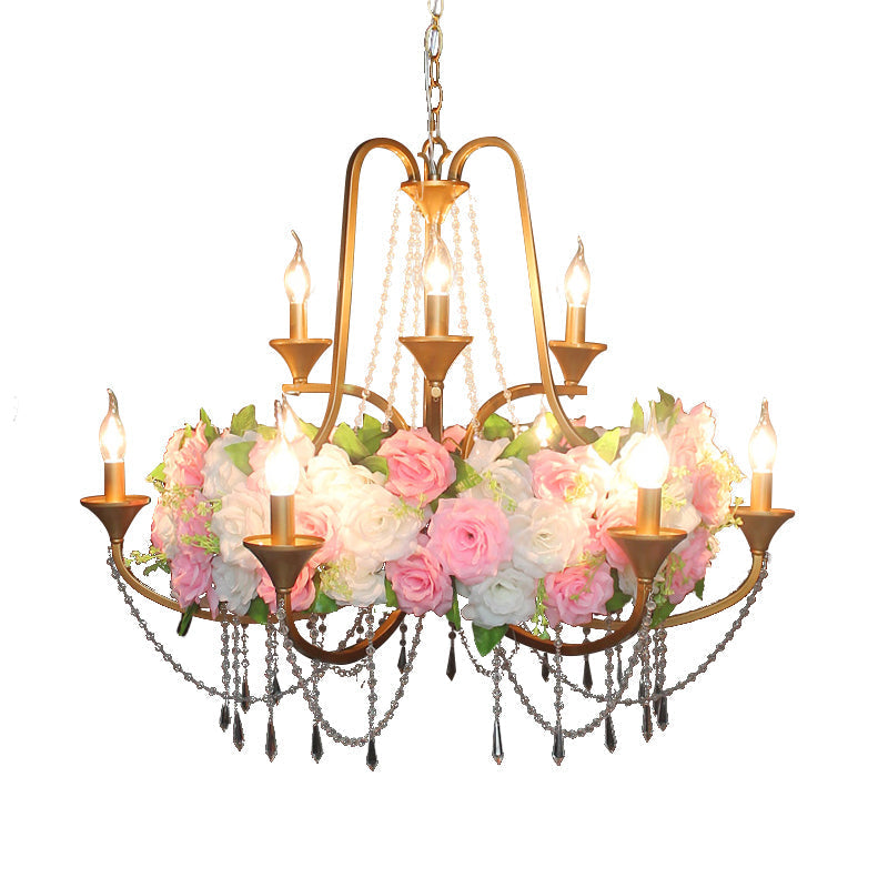 Katherine - Antique 9 Lights Pendant Chandelier Antique Candelabra Iron Flower Ceiling Hang Fixture with Clear Crystal in Gold