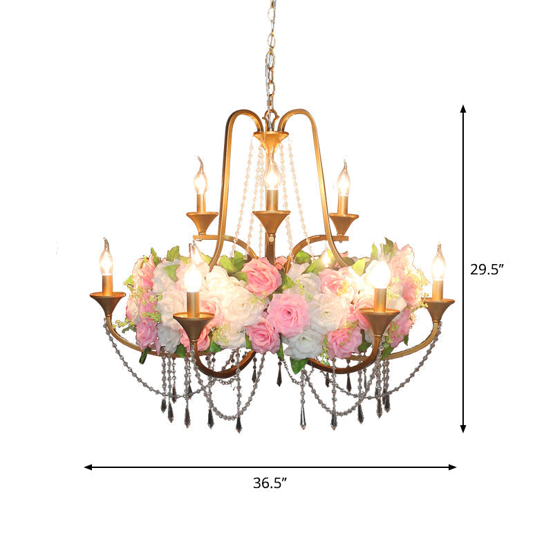 Katherine - Antique 9 Lights Pendant Chandelier Antique Candelabra Iron Flower Ceiling Hang Fixture with Clear Crystal in Gold