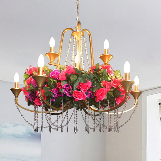 Katherine - Antique 9 Lights Pendant Chandelier Antique Candelabra Iron Flower Ceiling Hang Fixture with Clear Crystal in Gold
