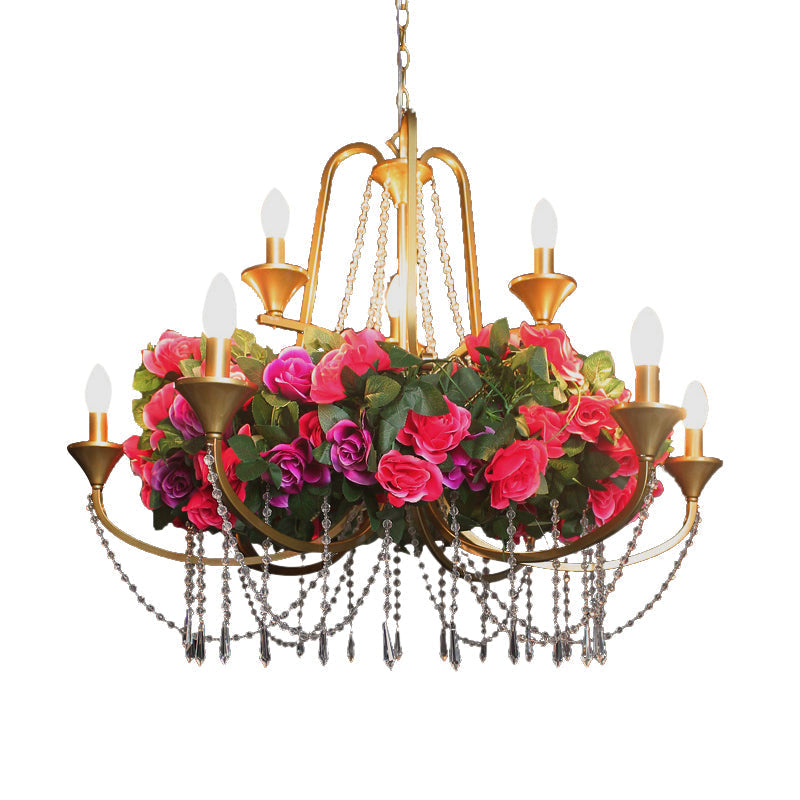 Katherine - Antique 9 Lights Pendant Chandelier Antique Candelabra Iron Flower Ceiling Hang Fixture with Clear Crystal in Gold