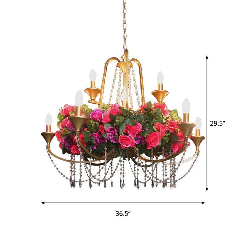 Katherine - Antique 9 Lights Pendant Chandelier Antique Candelabra Iron Flower Ceiling Hang Fixture with Clear Crystal in Gold