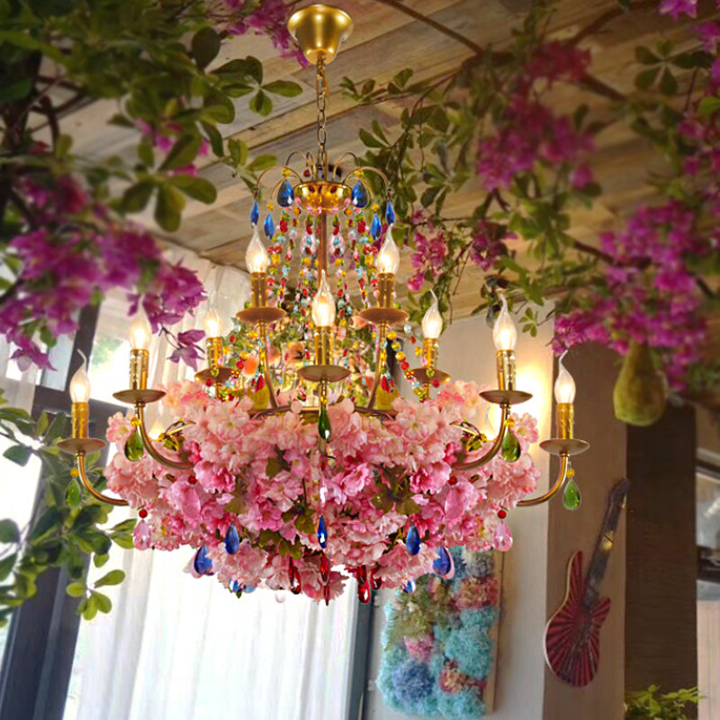 Leah - Antique Candlestick Restaurant Hanging Chandelier Antique Iron 6/12 Lights Gold Flower Pendant with Colorful Crystal