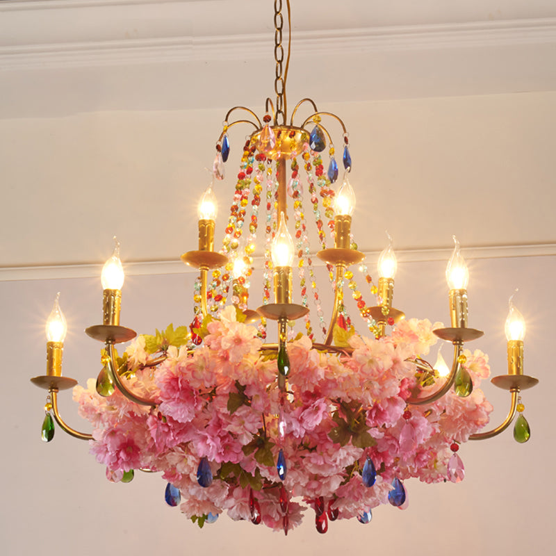 Leah - Antique Candlestick Restaurant Hanging Chandelier Antique Iron 6/12 Lights Gold Flower Pendant with Colorful Crystal