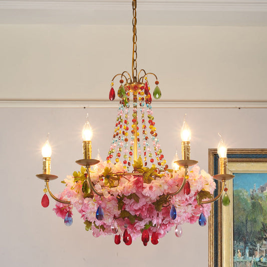 Leah - Antique Candlestick Restaurant Hanging Chandelier Antique Iron 6/12 Lights Gold Flower Pendant with Colorful Crystal