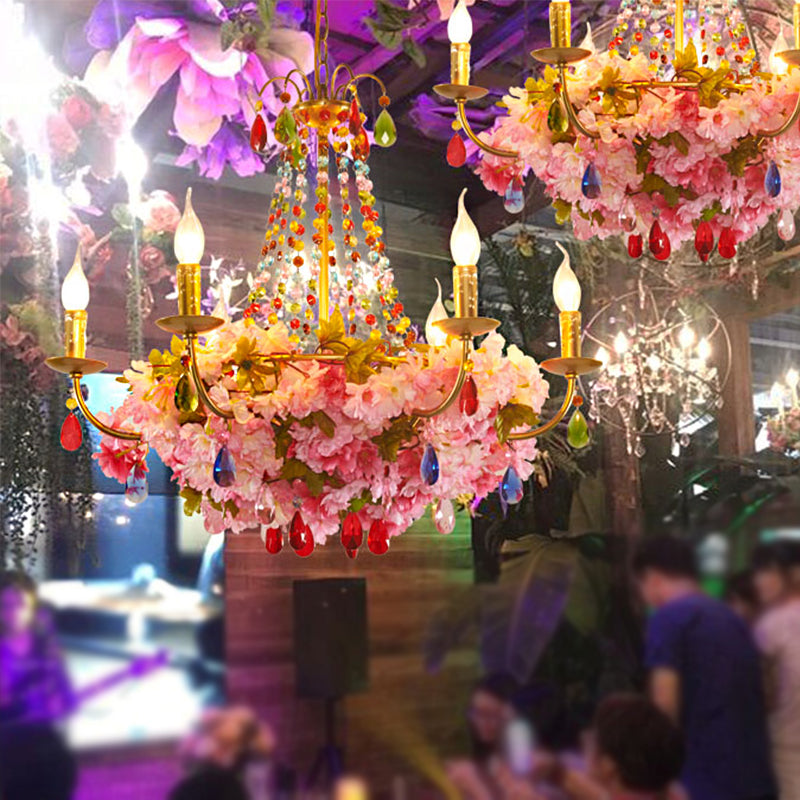 Leah - Antique Candlestick Restaurant Hanging Chandelier Antique Iron 6/12 Lights Gold Flower Pendant with Colorful Crystal