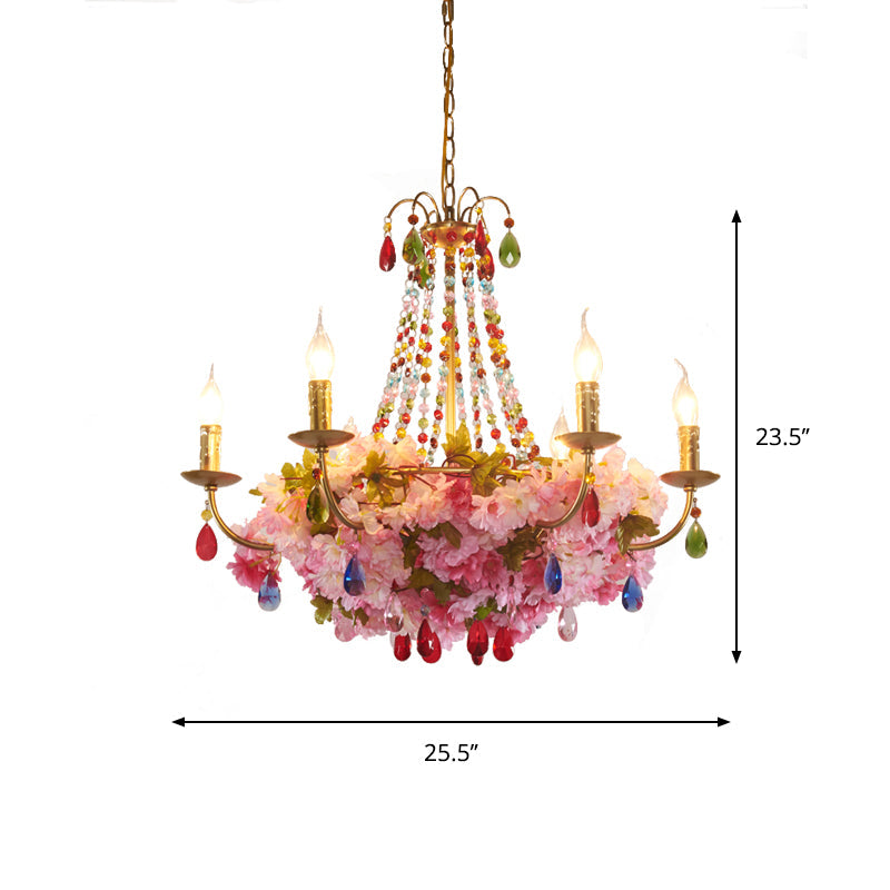 Leah - Antique Candlestick Restaurant Hanging Chandelier Antique Iron 6/12 Lights Gold Flower Pendant with Colorful Crystal