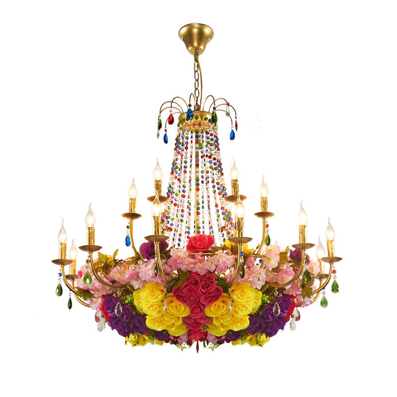 Aurora - Retro Iron Chandelier with Crystal Decor - Gold Candle Hanging Pendant