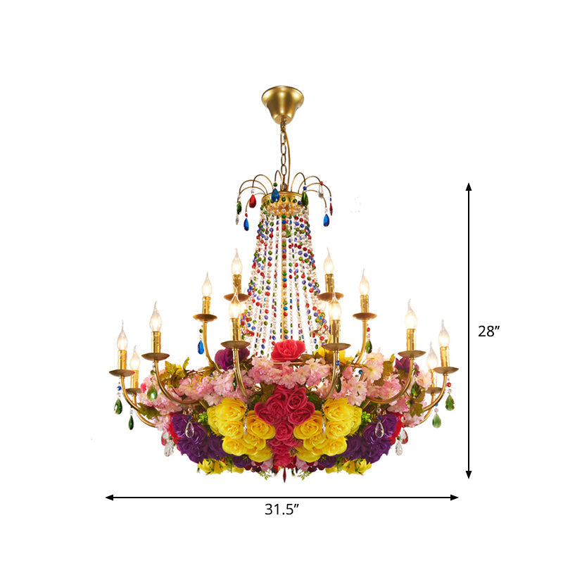 Aurora - Retro Iron Chandelier with Crystal Decor - Gold Candle Hanging Pendant