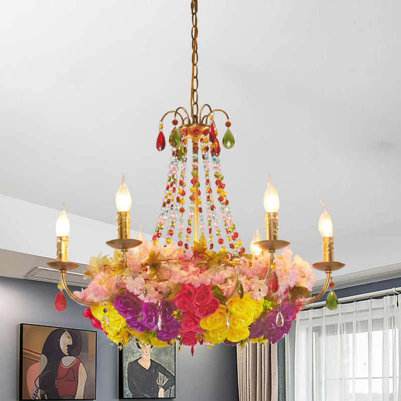 Aurora - Retro Iron Chandelier with Crystal Decor - Gold Candle Hanging Pendant