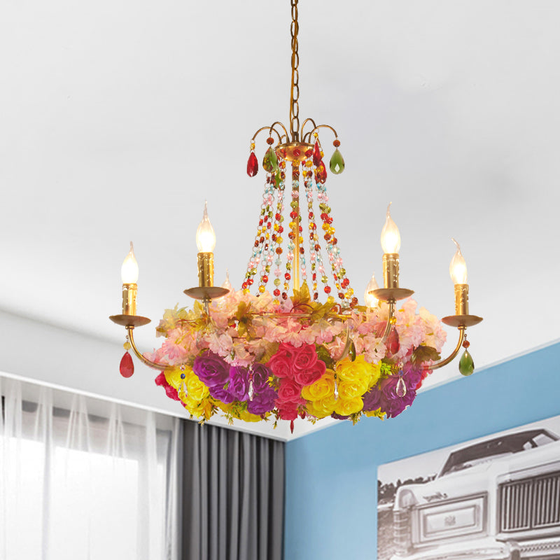 Aurora - Retro Iron Chandelier with Crystal Decor - Gold Candle Hanging Pendant