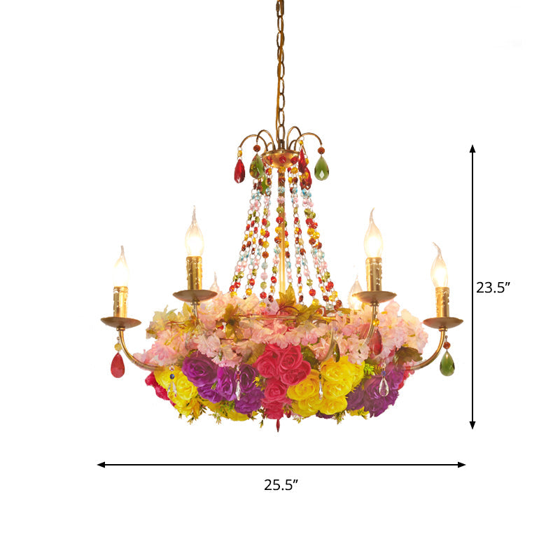 Aurora - Retro Iron Chandelier with Crystal Decor - Gold Candle Hanging Pendant