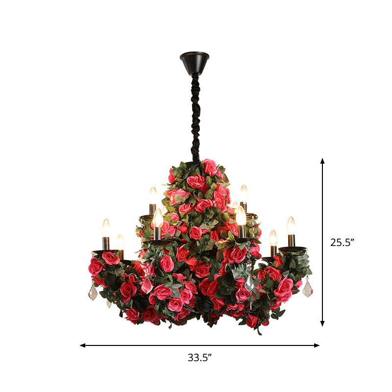 Mia - Red 12-Bulb Hanging Chandelier Retro Candle Iron Flower Ceiling Pendant in Red with Clear Crystal Accent
