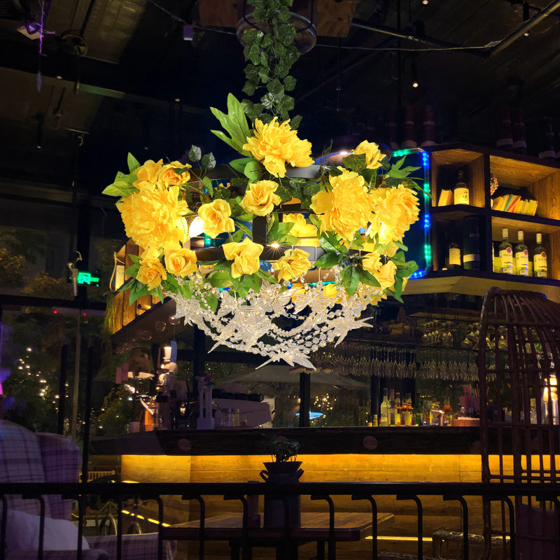 Lustre de plafond industriel rond en fer jaune - Lampe suspendue de restaurant à 3 lumières avec motif en cristal et fleur