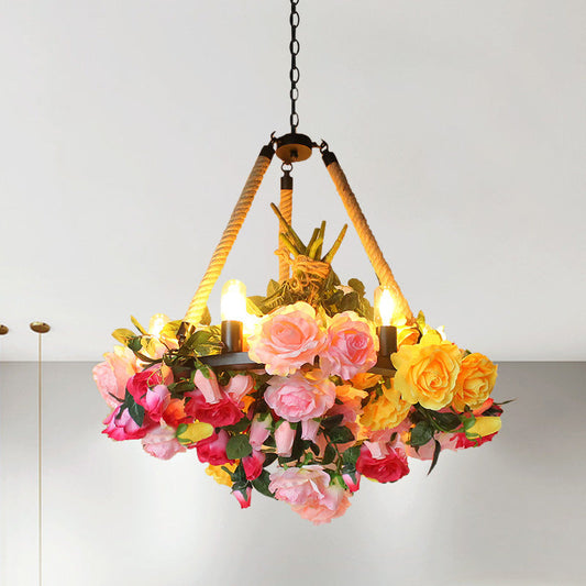 Lustre rond vintage à 6 lampes en fer avec corde de chanvre, jaune/rose/rose clair