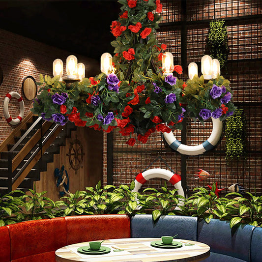 Lustre rétro en fer vert avec 10 ampoules - Ampoule exposée et design suspendu pour l'éclairage des restaurants